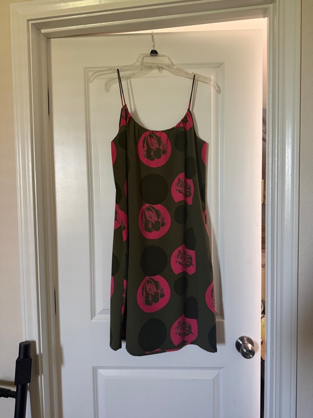Tucker Olive Green Slip Dress with Hot Pink Dot Print